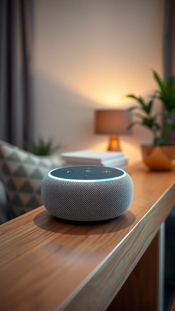 Amazon Echo Dot on a wooden surface with a cozy background