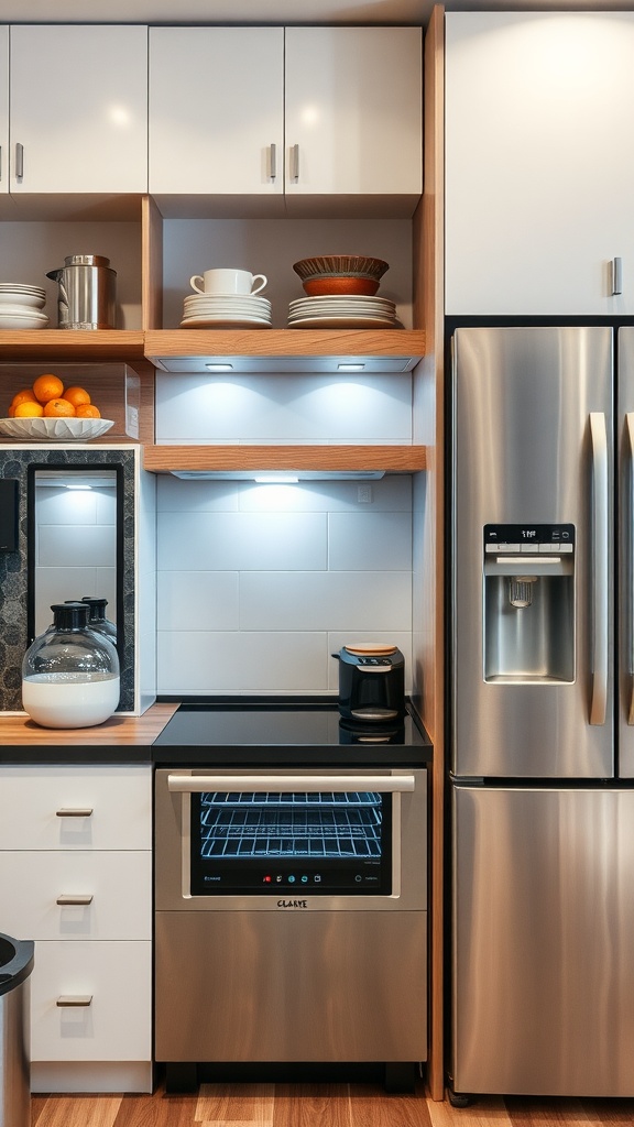 Modern kitchen with smart appliances, including a sleek oven, refrigerator, and coffee maker.