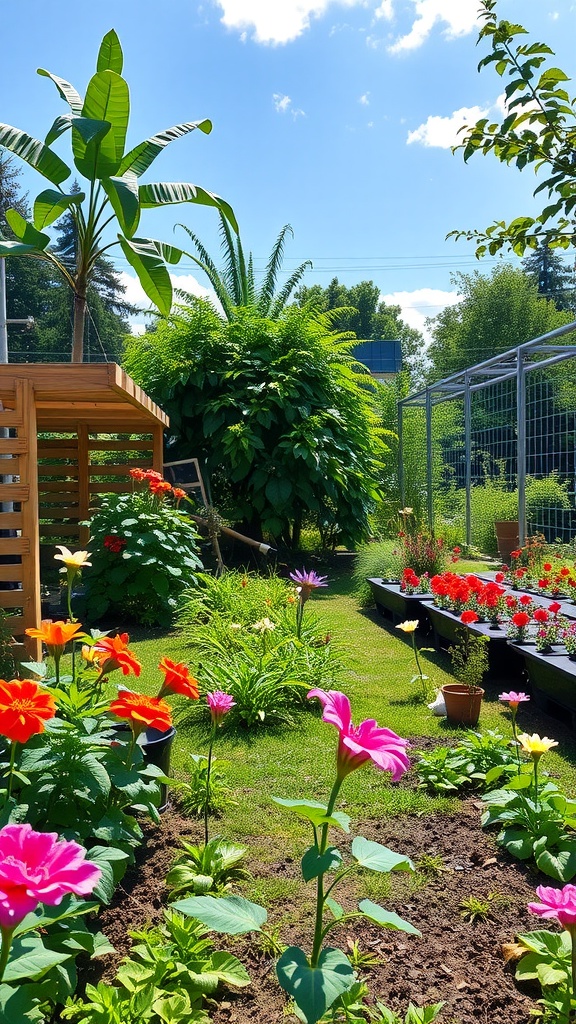 A vibrant garden with colorful flowers and lush greenery, showcasing the potential of IoT technology in gardening.