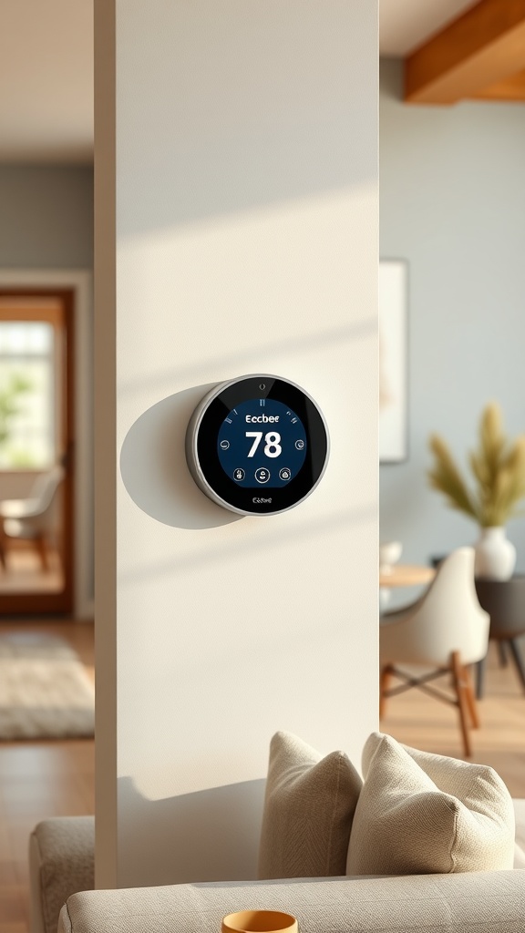 Ecobee Smartthermostat displayed in a modern living room.