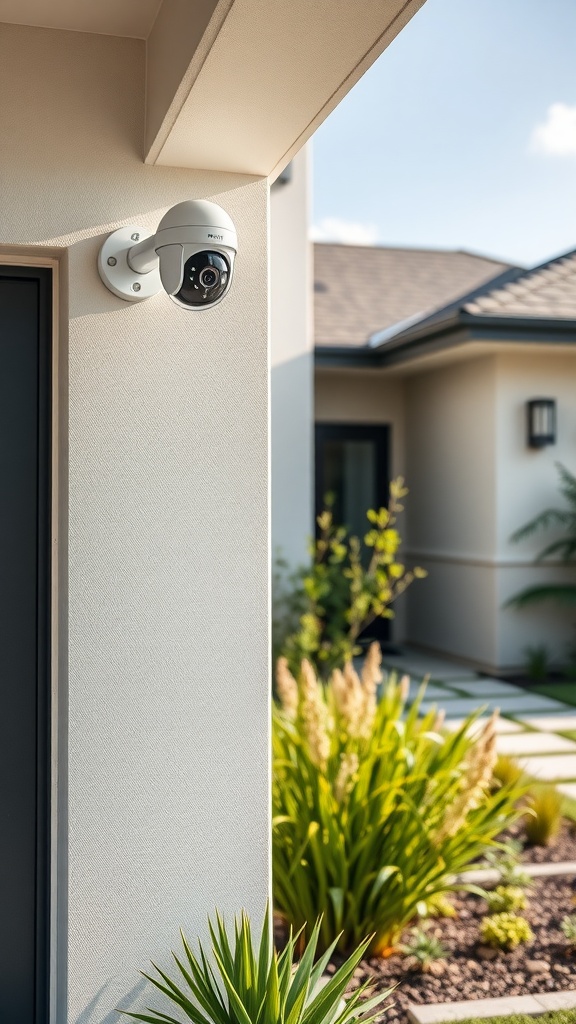 A modern smart security camera mounted outside a home, surrounded by greenery.