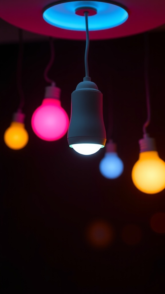 Philips Hue White and Color Ambiance LED Smart Bulbs hanging with various colors