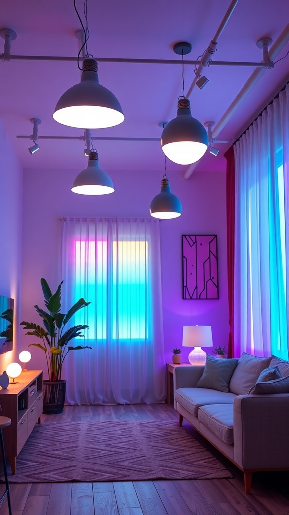 A stylish living room featuring colorful smart lighting with modern decor, a sofa, and plants.