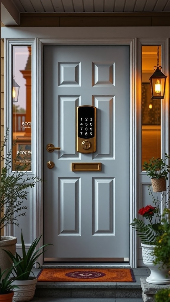 A stylish smart lock installed on a front door, showcasing modern home entry technology.