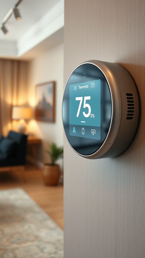 A modern smart thermostat displaying a temperature setting of 75°F on a wall in a cozy living room.