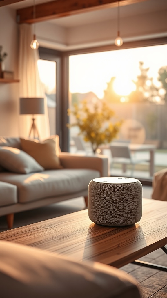 A modern living room with a stylish smart speaker on a coffee table, featuring warm sunlight coming through the window.