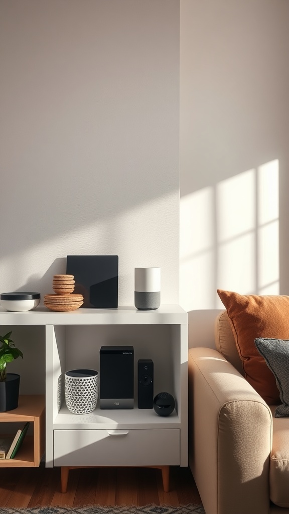 A cozy living room featuring a voice assistant and various smart home devices on a shelf.